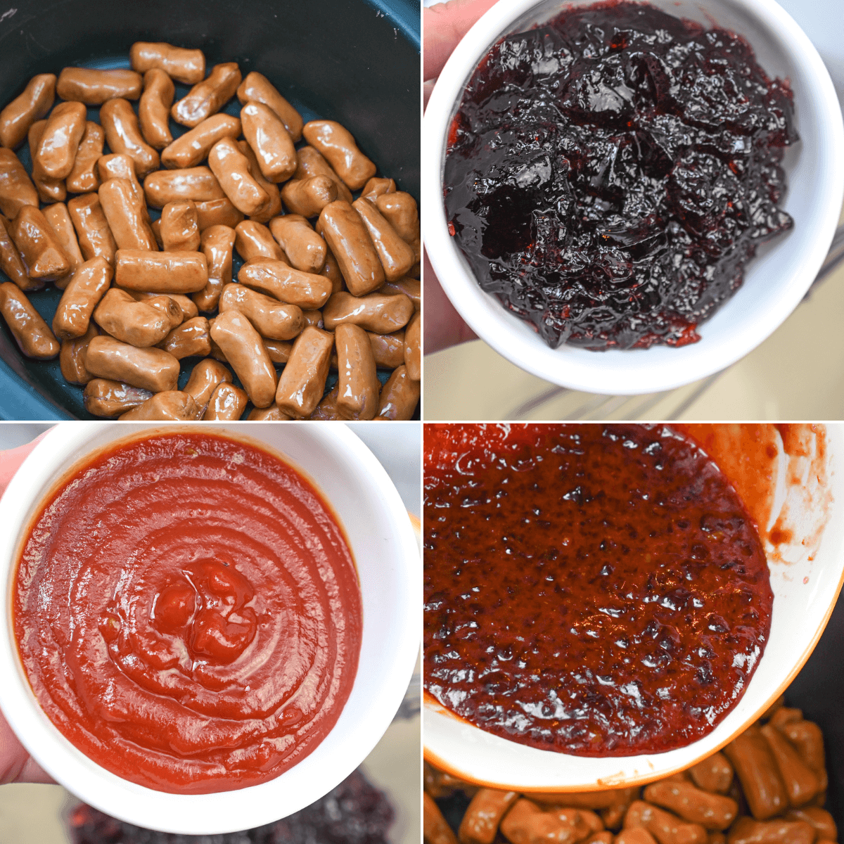 A series of photos showing the process of making the hot dogs and sauce.