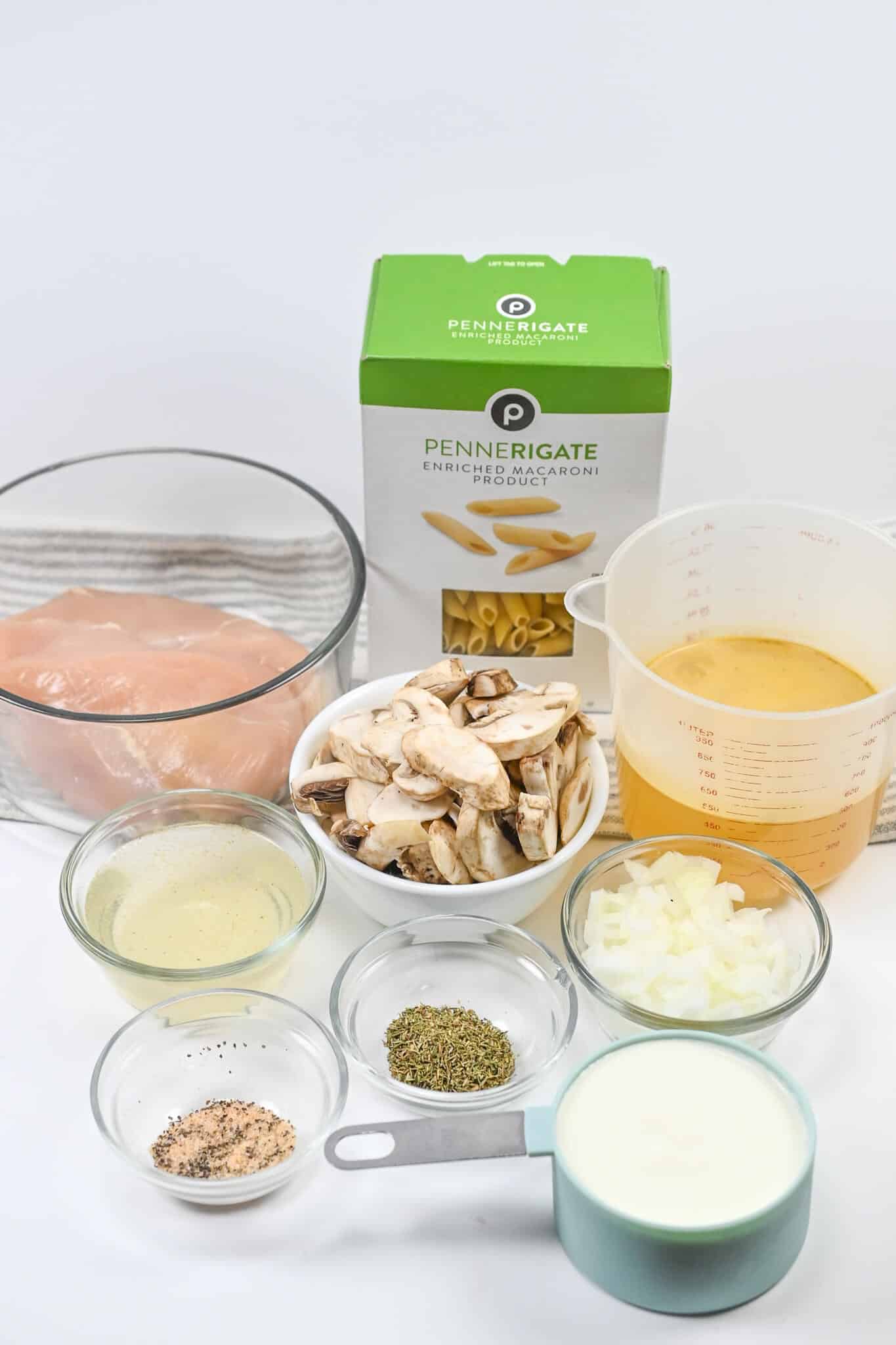 Stick, pasta, seasoning and cheese to make the meal.