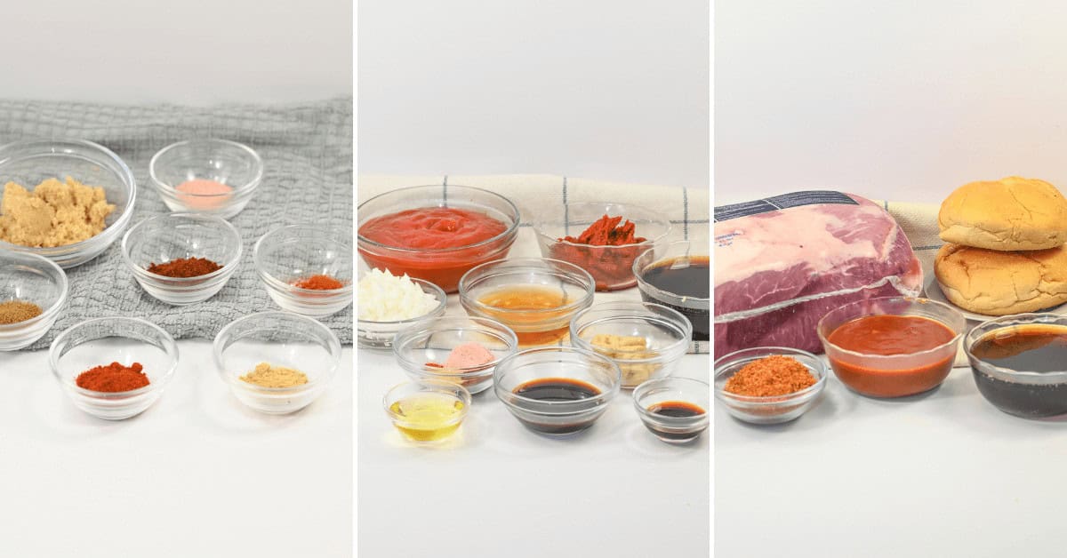 Three panels show ingredients for Dr. Pepper Pulled Pork: the left panel has spices in bowls, the middle panel features various sauces and chopped onions, and the right panel displays raw pork, buns, and more sauces.