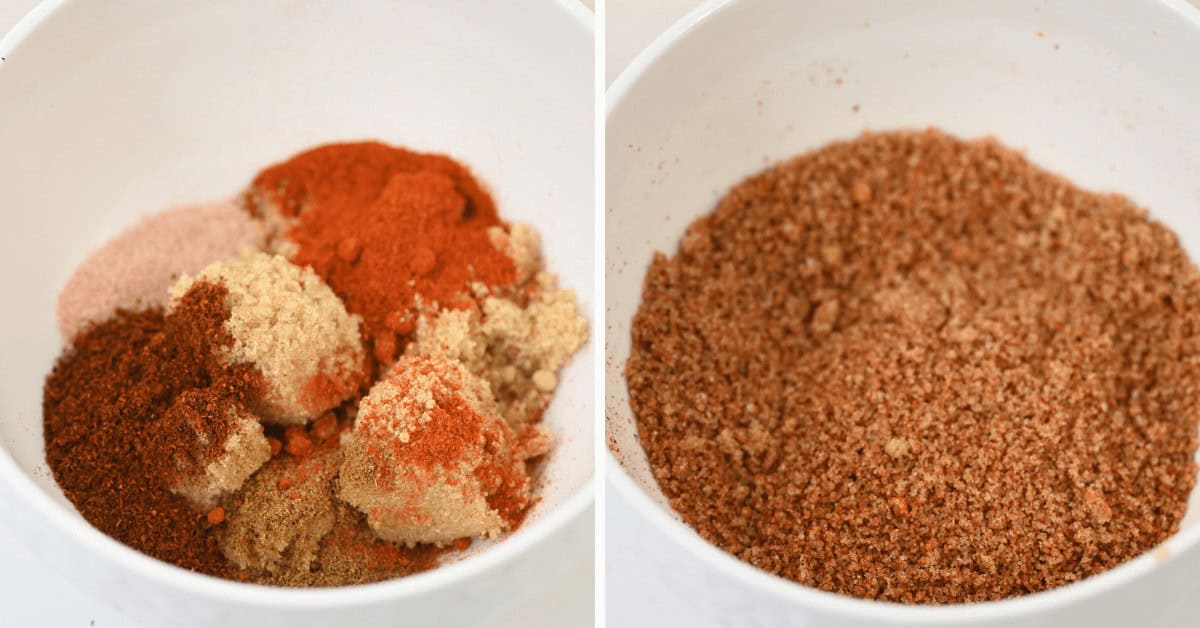 Two side-by-side images show a white bowl containing various spices for Dr. Pepper Pulled Pork in the left image and the same bowl with the mixed spices in the right image.