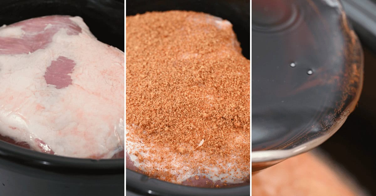A triptych showcasing Dr. Pepper Pulled Pork preparation: raw meat, seasoned meat, and adding Dr. Pepper and other liquids to the slow cooker.