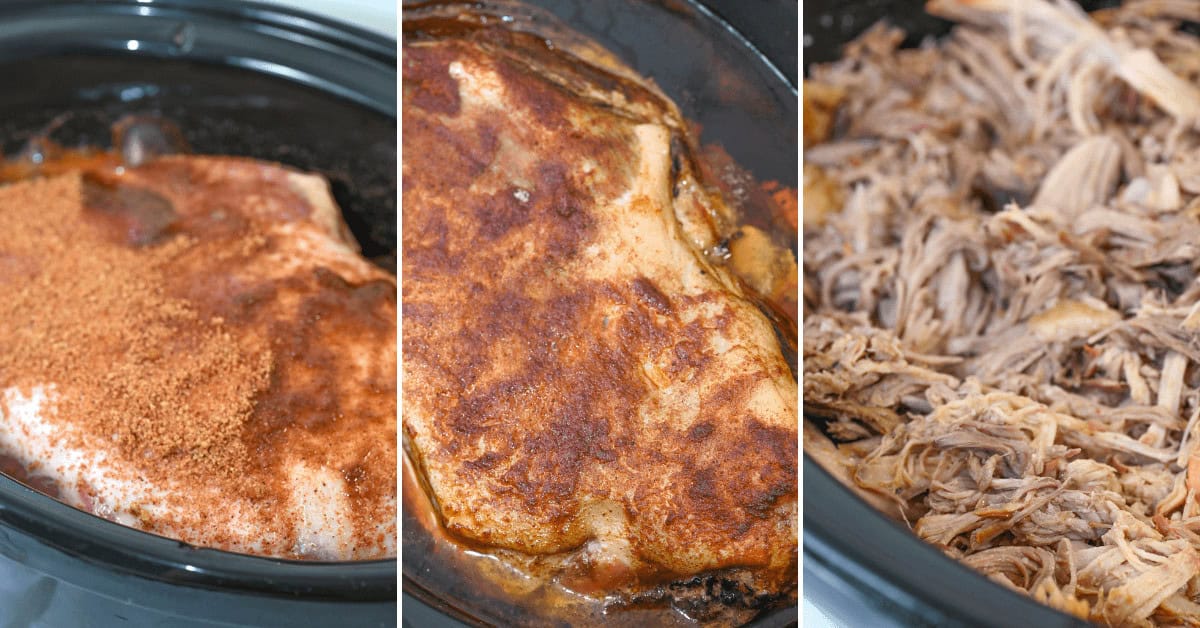 Three-panel image showing the stages of making Dr. Pepper Pulled Pork. The first panel has seasoned raw pork, the second shows cooked pork, and the third panel displays shredded pork in a slow cooker.