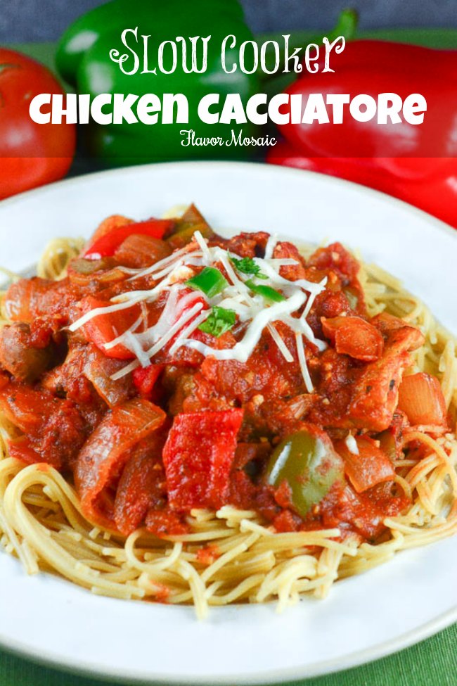 This Slow Cooker Chicken Cacciatore is a hearty, slow cooked Italian chicken main dish with tomatoes, onions, garlic, and red and green bell peppers, served over pasta. This is one of the best slow cooker chicken recipes.
