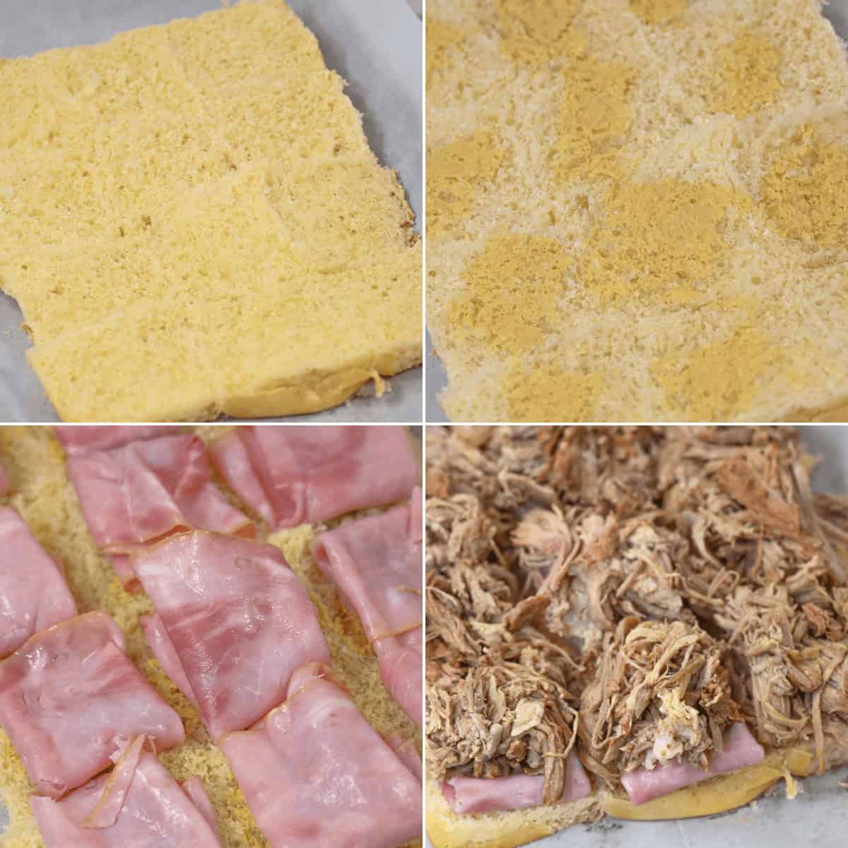 A four-step collage shows Cuban sliders being prepared: a block of bread rolls cut and placed on a baking sheet, topped with ham slices, and finally covered with shredded meat.