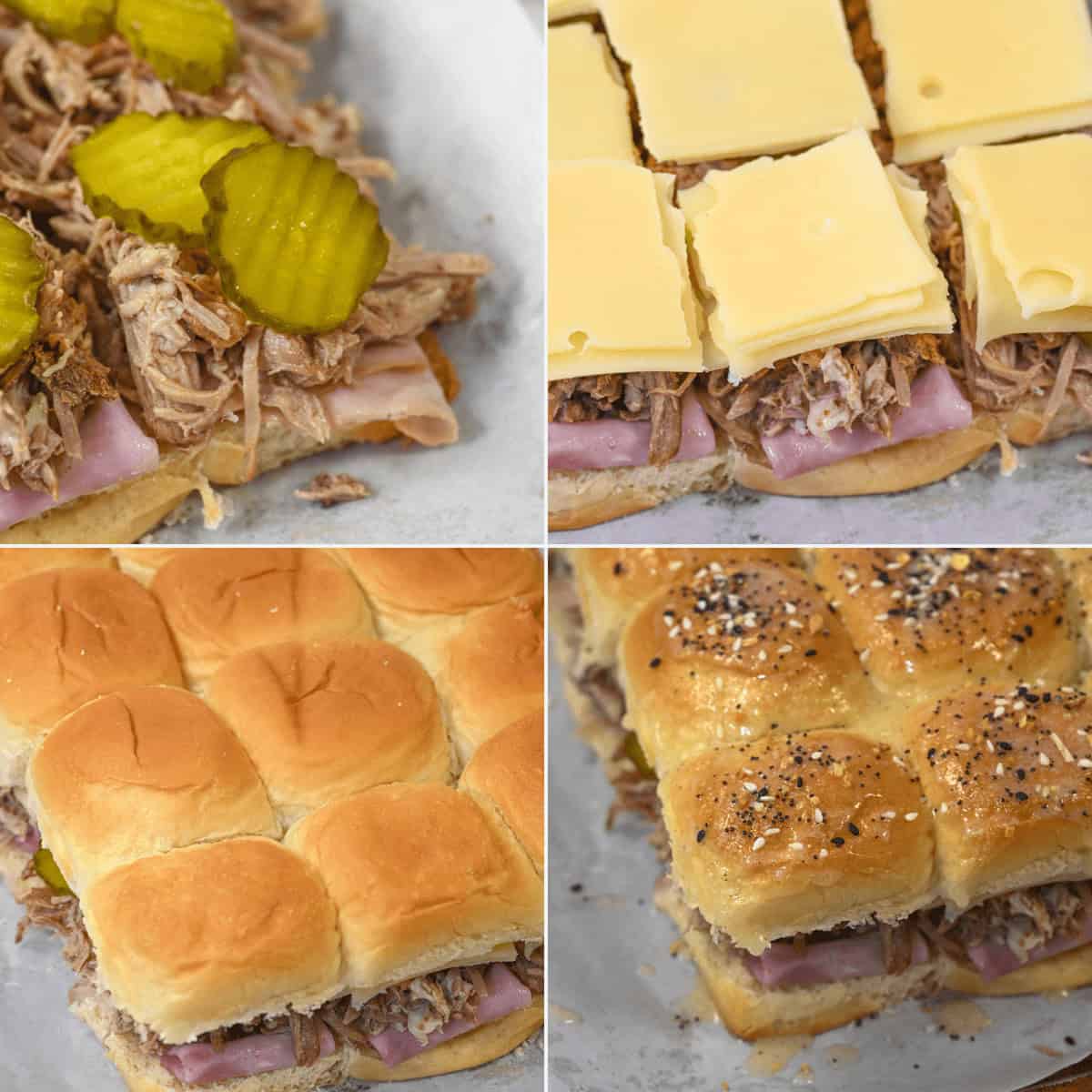 Four-part collage showing the steps to make Cuban Sliders: ham and pickles on the bottom layer, pulled pork and cheese on top, covered with a top bun layer, then brushed with butter and seasoning before baking.