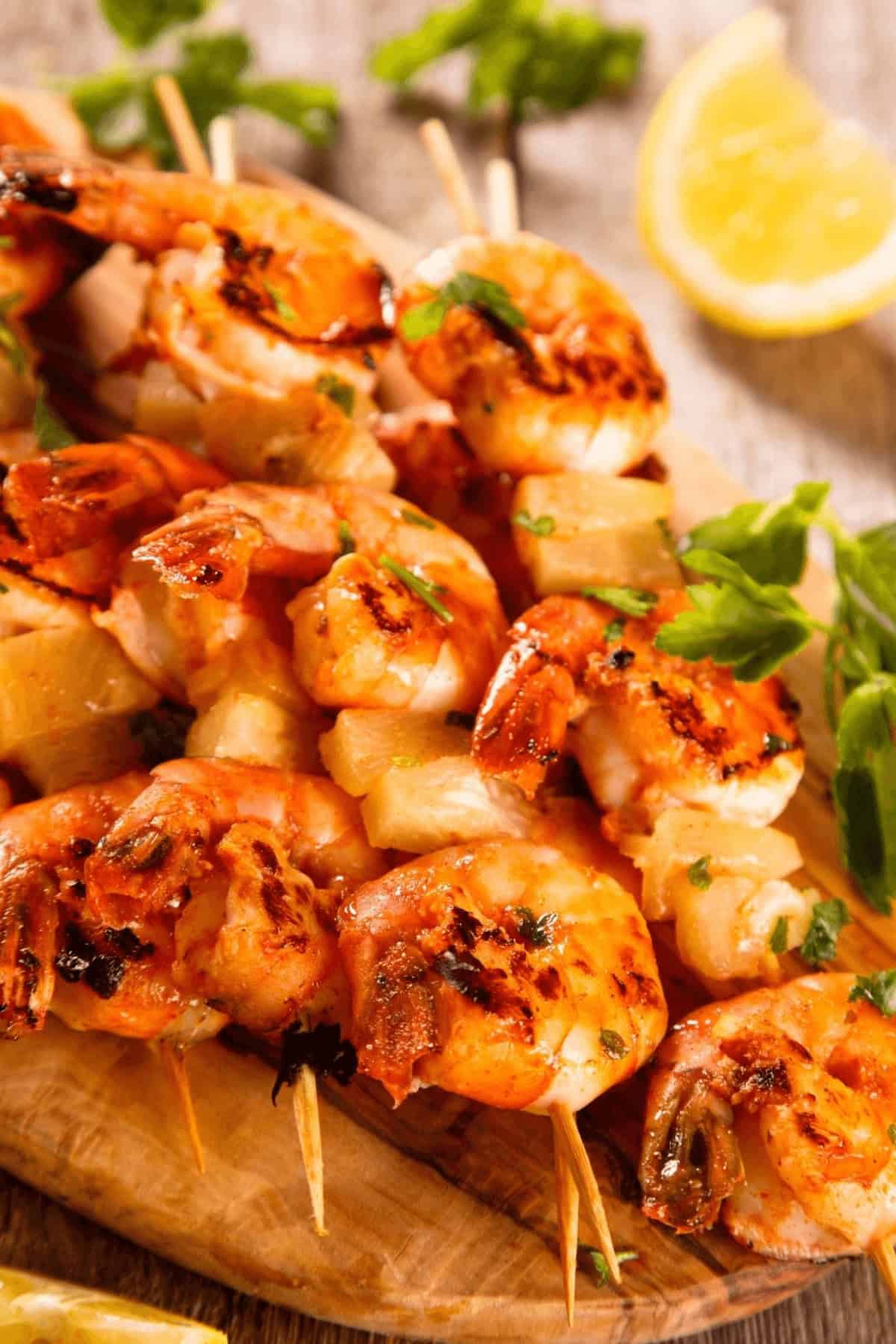 Finished shrimp on a skewer.
