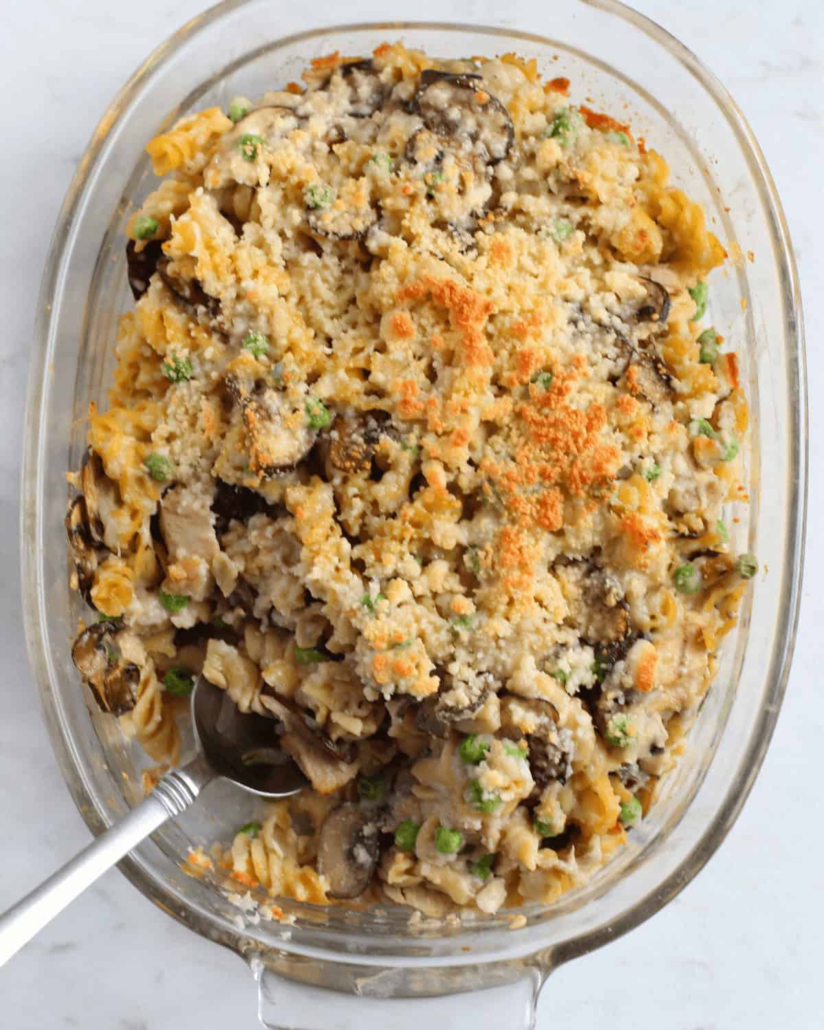 A top shot of the assembled casserole.