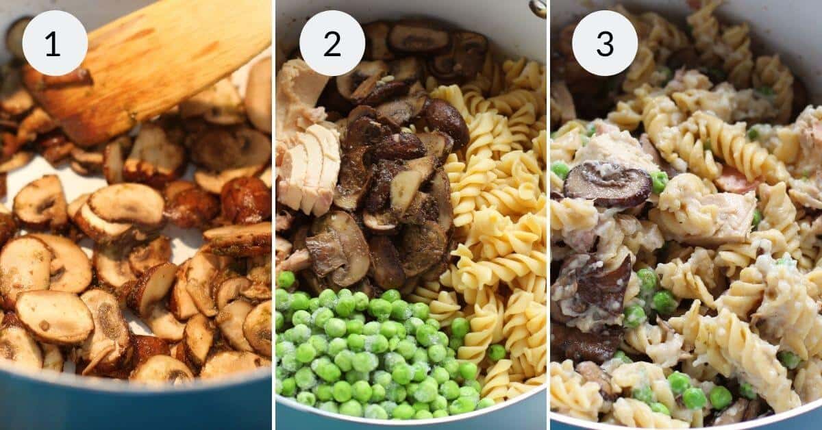 Three-step cooking process: 1) sautéing vegetables 2) adding cooked pasta and rest of the ingredients.