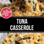 An old-fashioned tuna casserole with breadcrumbs, displayed in a glass dish.