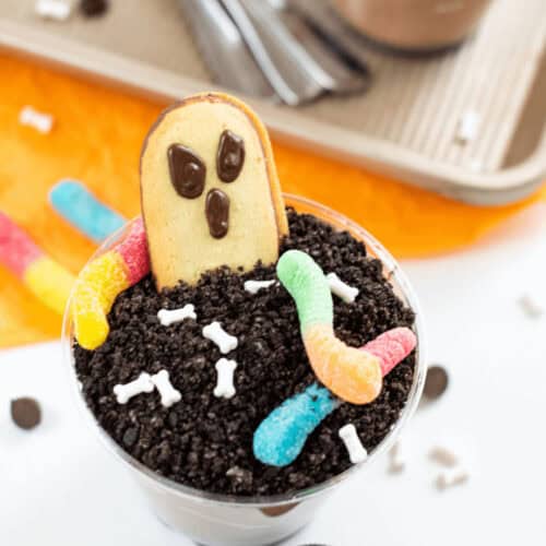 A cute and festive halloween dirt pudding cup.