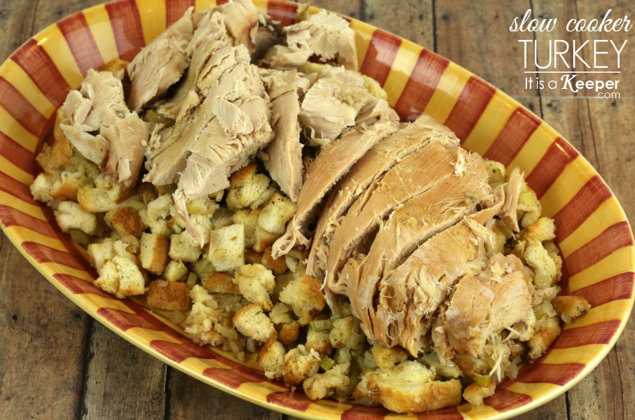 This Slow Cooker Turkey and Stuffing on a yellow and red stripped plate. 