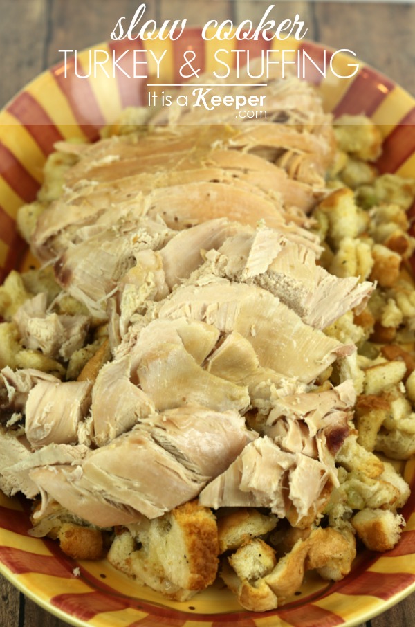 This Slow Cooker Turkey and Stuffing on a yellow and red stripped plate. 
