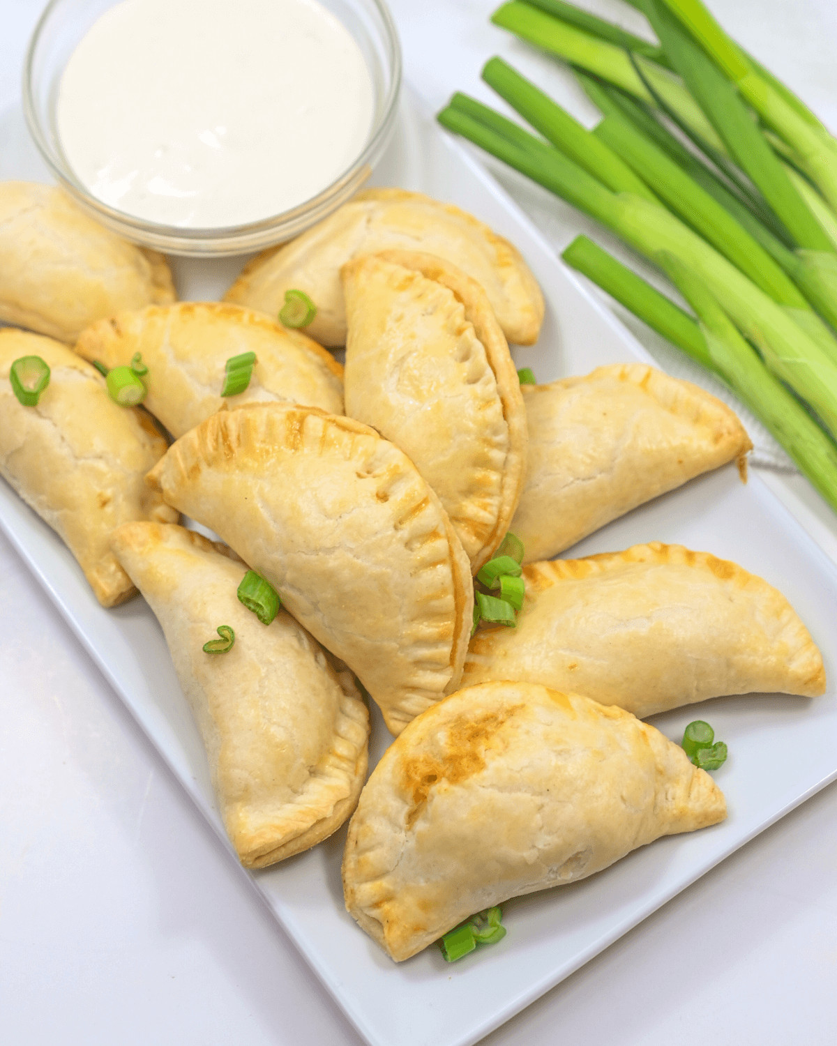 Chicken empanadas served on a white plate with a dip.