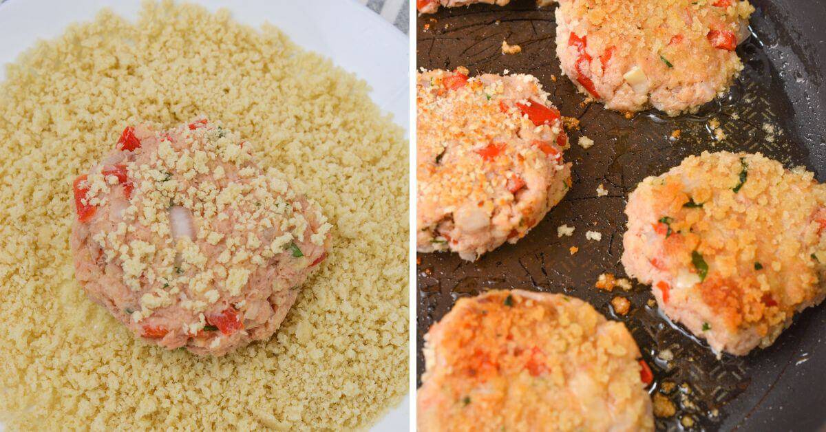 Covering the appetizer with breadcrumbs and then frying.