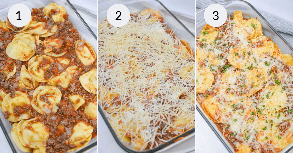 Placing all the ingredients in a baking dish and covering with cheese and baking.