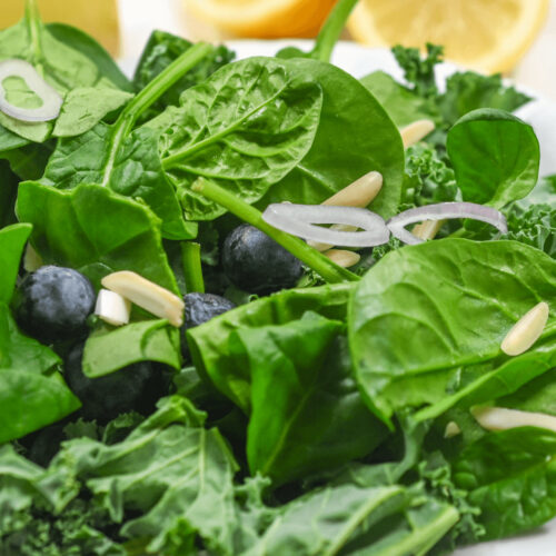 A plate of kale and spinach salad with blueberries and citrus vinaigrette.