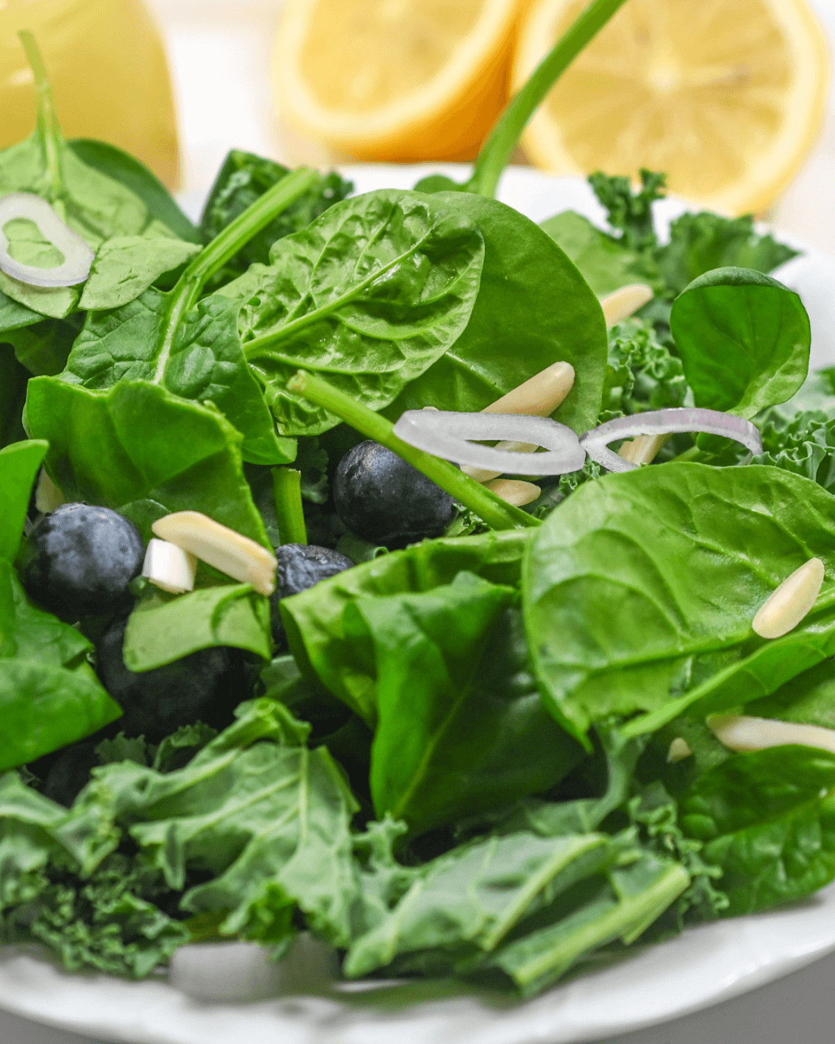 A plate of kale and spinach salad with blueberries and citrus vinaigrette.