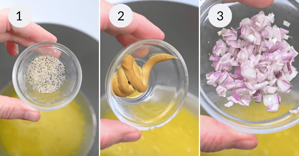 Four pictures showing how to make a dish with onions and kale.