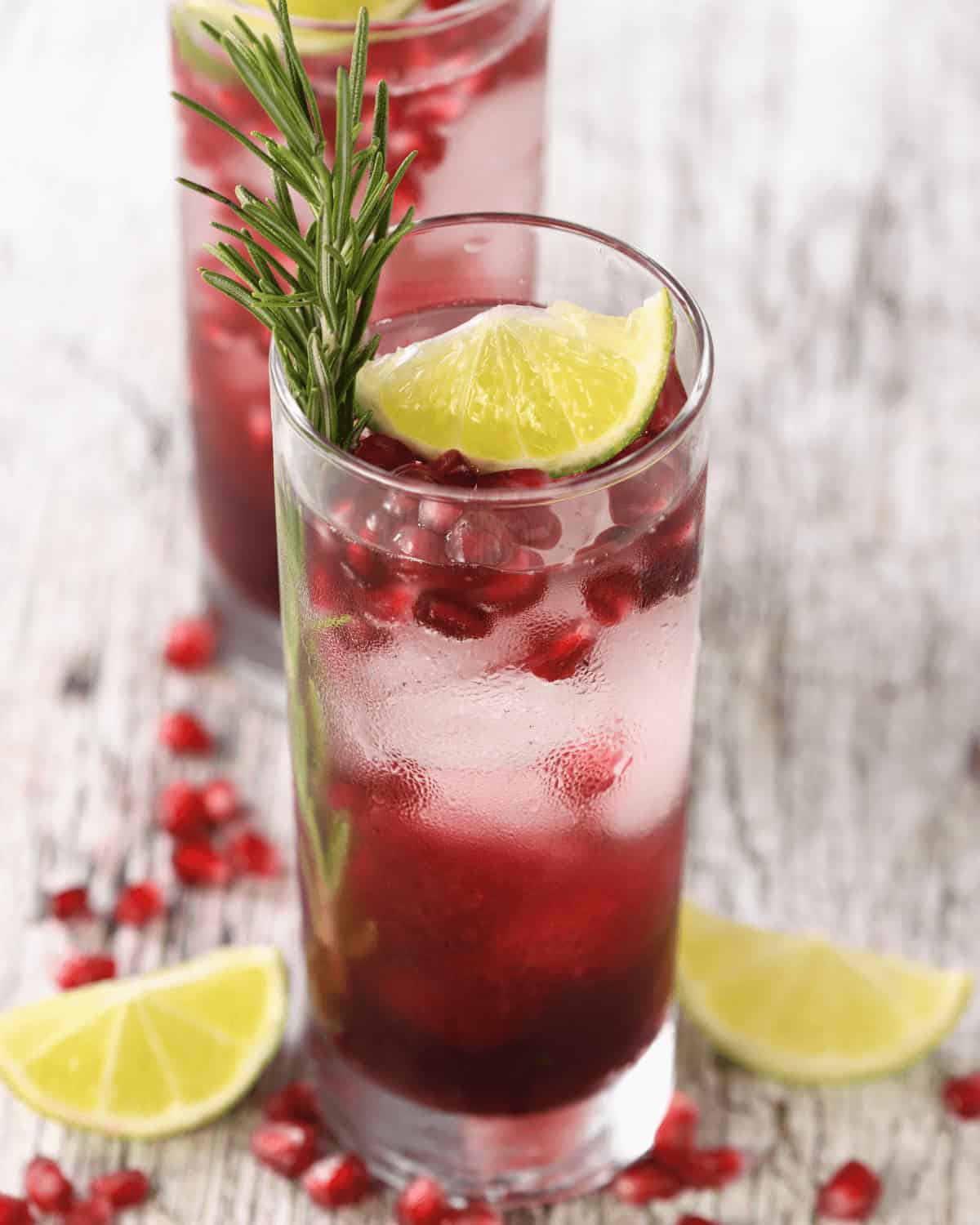 A vodka pomegranate cocltail with slices of lemon and cranberries.