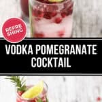Three pomegranate cocktails with vodka, lime slices, and rosemary sprigs, served on a wooden table, labeled as "Refreshing".