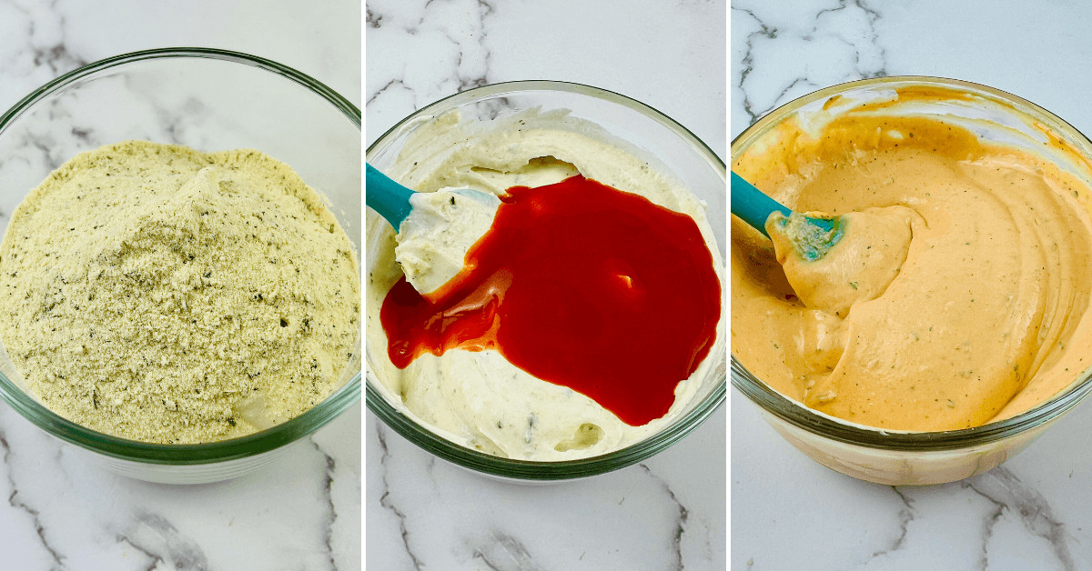 Four pictures showing the ingredients for a homemade buffalo ranch dressing.