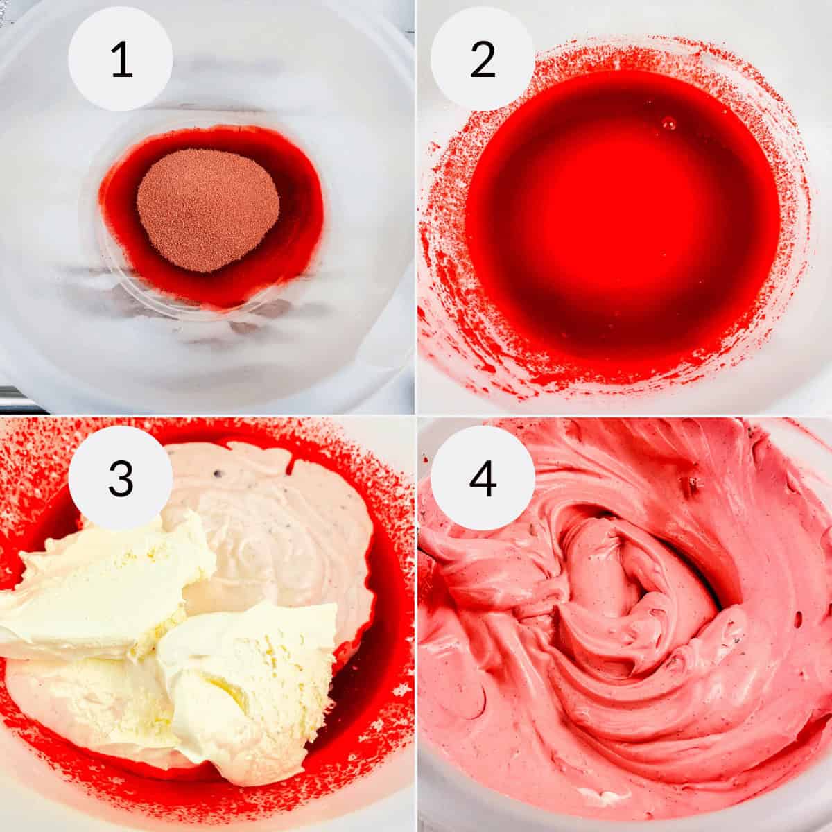 Four-step process of mixing ingredients for raspberry cream pie: 1. Red powder in a bowl, 2. Red liquid added, 3. Cream or ice cream mixed in, 4. Smooth pink mixture forms.