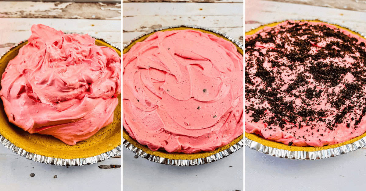 Three images show stages of making a raspberry cream pie with a graham cracker crust: filled with pink cream, smoothed, then topped with crushed chocolate cookies.