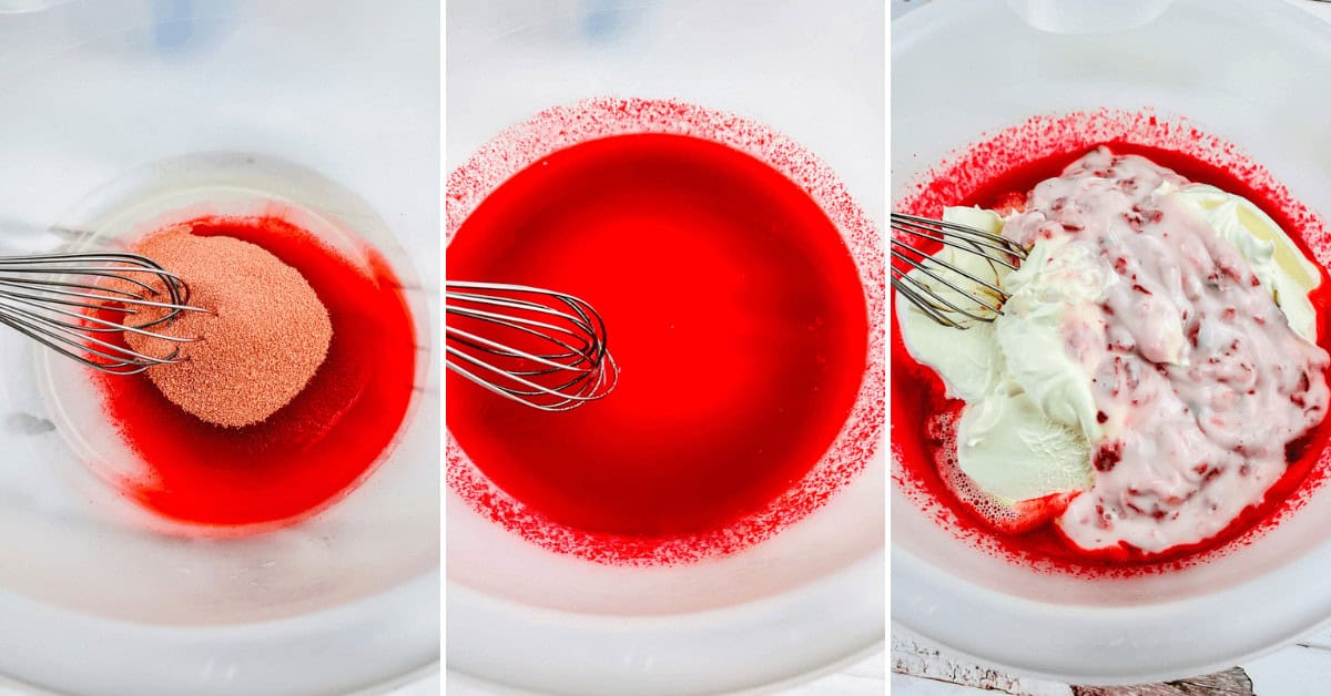 Three-step cooking process: mixing powdered gelatin in water, resulting red liquid, and blending with a white creamy mixture to create the perfect filling for your strawberry pie with graham cracker crust.