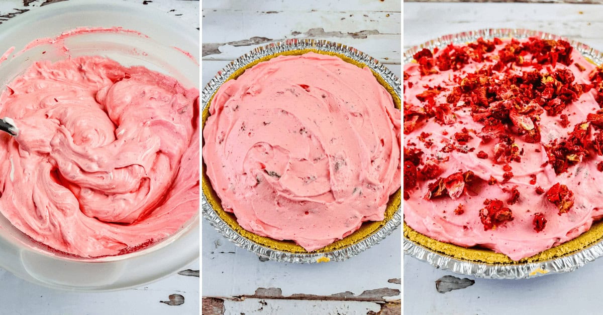 Three-step process of making a strawberry pie with graham cracker crust: whipped pink mixture in a bowl, mixture spread in the pie crust, and final pie topped with crushed strawberries.