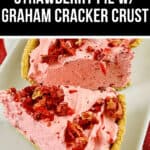 Two slices of strawberry pie with graham cracker crust sit invitingly on a white plate, topped generously with chopped strawberries.