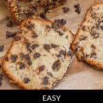 A delightful banana bread, generously studded with chocolate chips, sits sliced on a wooden board. Text reads: "Easy Banana Chocolate Chip Bread.