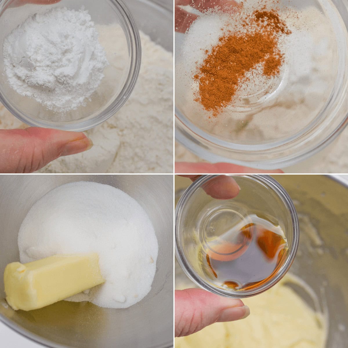 Collage of four images: flour with baking powder, flour with cinnamon, butter and sugar in a bowl, and a hand holding vanilla extract—perfect ingredients.