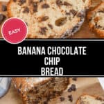Slices of rich banana chocolate chip bread rest on a wooden surface, with scattered chocolate chips adding a tempting allure. A label whimsically declares, "Easy Banana Chocolate Chip Bread.