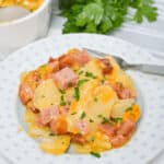A plate of Cheesy Ham and Potato Casserole with diced ham and melted cheese, garnished with chopped parsley. A fork rests on the plate. In the background, a casserole dish and fresh parsley are visible.