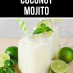 Two jars of coconut mojito garnished with lime slices and mint leaves, with whole limes nearby, against a light background.