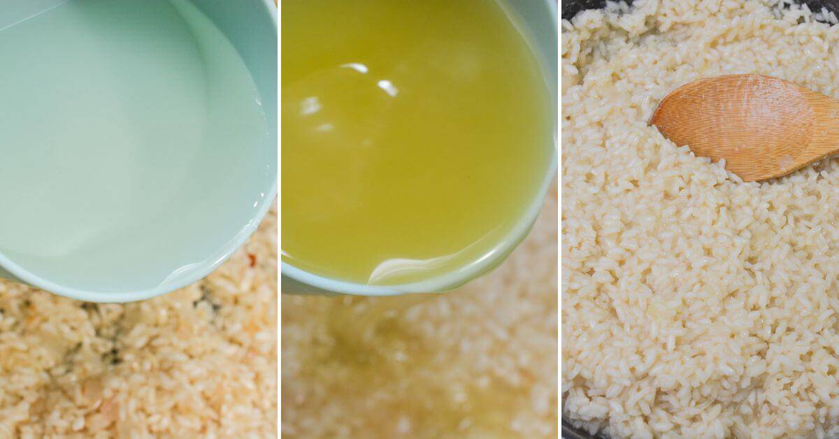 Three-panel image illustrating creamy risotto preparation: pouring water over rice, adding broth, and stirring gently with a wooden spoon.