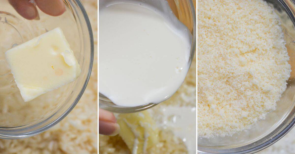 Three images depict a block of butter melting into rice, milk being poured over for a silky texture, and grated cheese blending in for a truly creamy risotto experience.