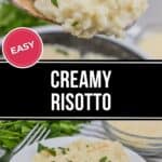 A plate and wooden spoon showcase a luscious creamy risotto, garnished with fresh parsley. A black banner overlays the image, highlighting text that reads "Easy Creamy Risotto.