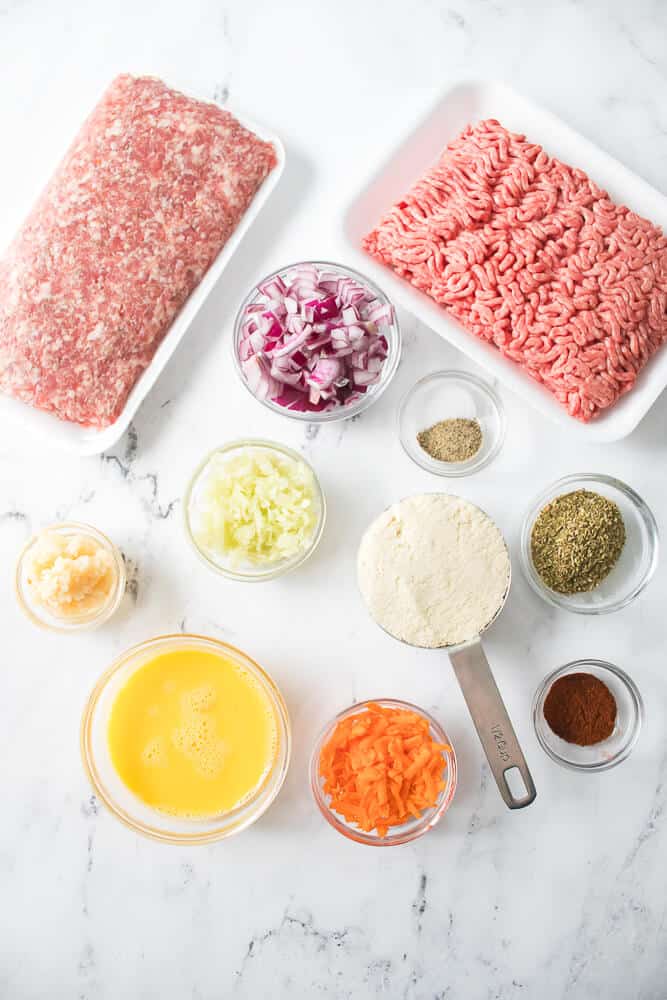 Ground beef, ground pork, seasonings and vegetables to make this dish.