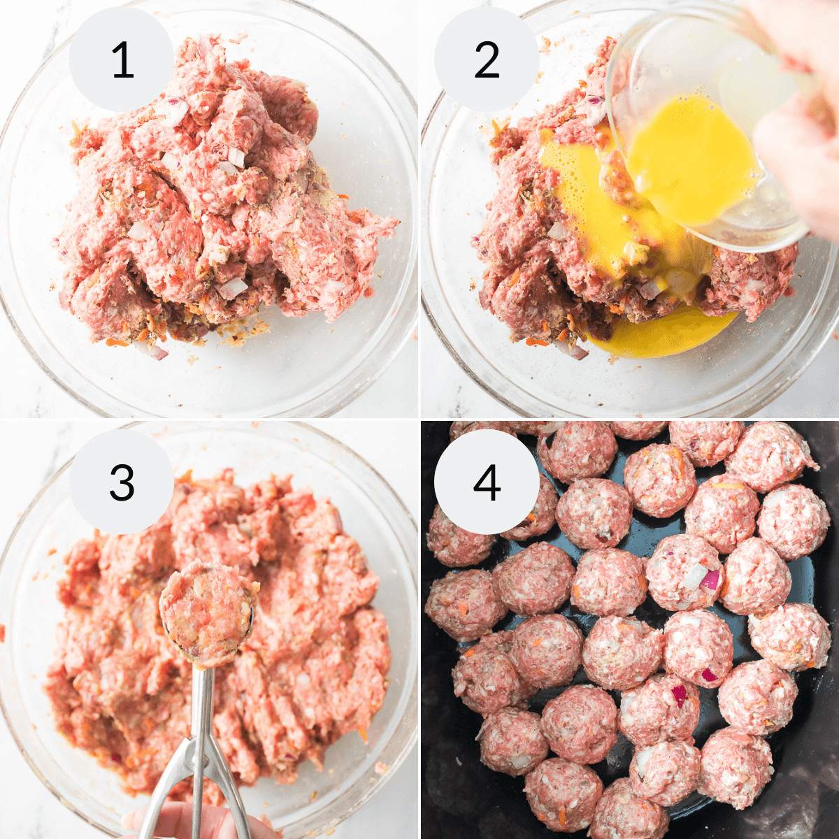 A series of photos demonstrating how to make meatballs for the meal.