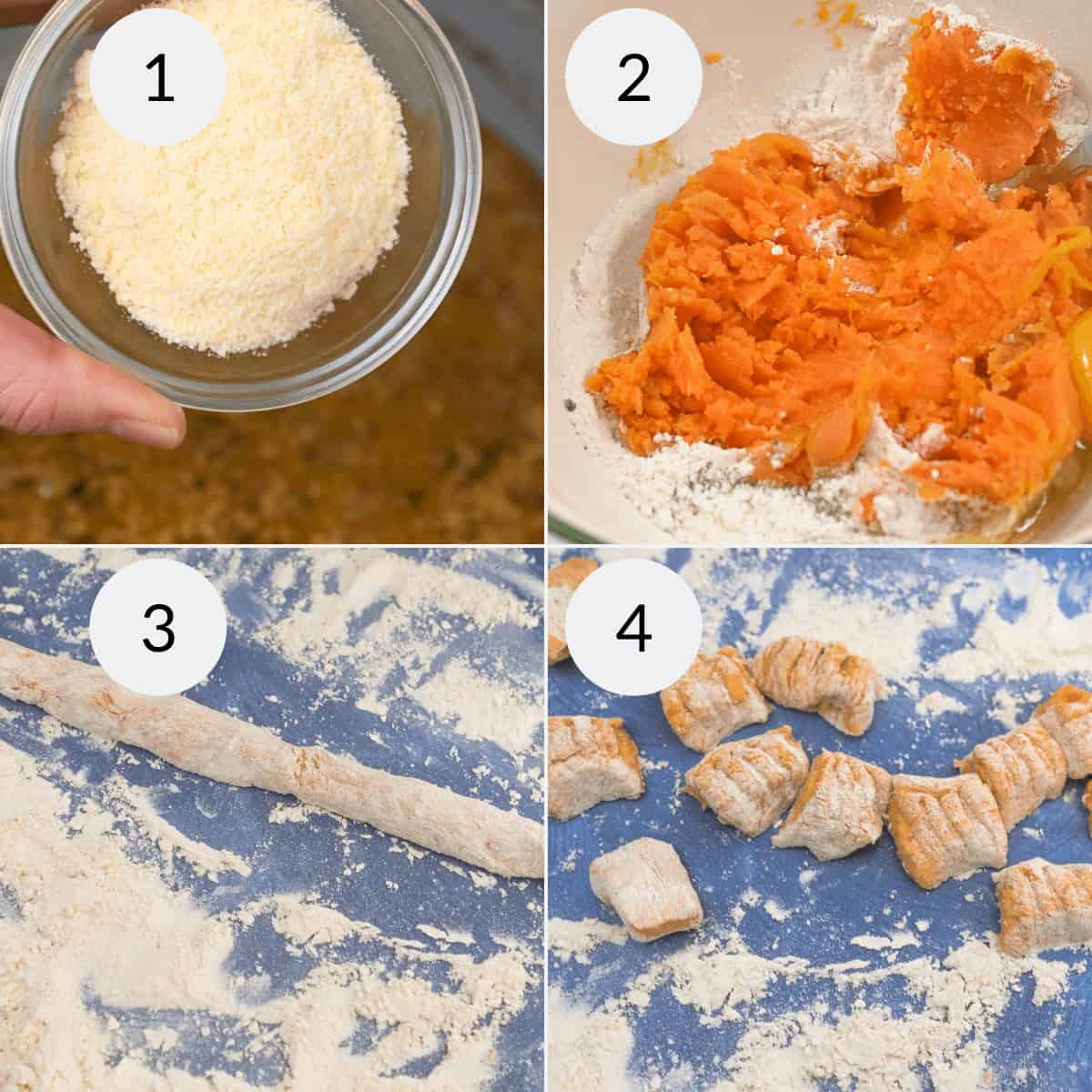 Rolling out the dough and cutting them into shapes.