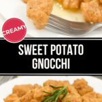 A close up and a plate of the sweet potato gnocchi.