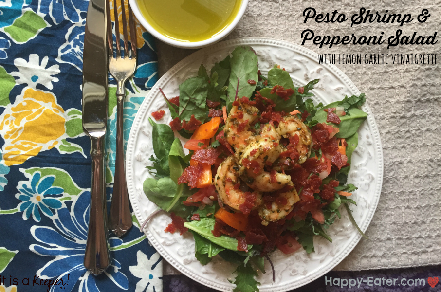 pesto shrimp and pepperoni salad with lemon garlic vinaigrette - It Is a Keeper