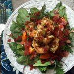 pesto shrimp and pepperoni salad with lemon garlic vinaigrette