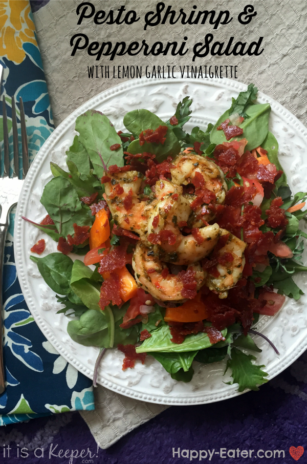 pesto shrimp and pepperoni salad with lemon garlic vinaigrette - It Is a Keeper