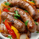 Baked sausages with peppers on a white plate.