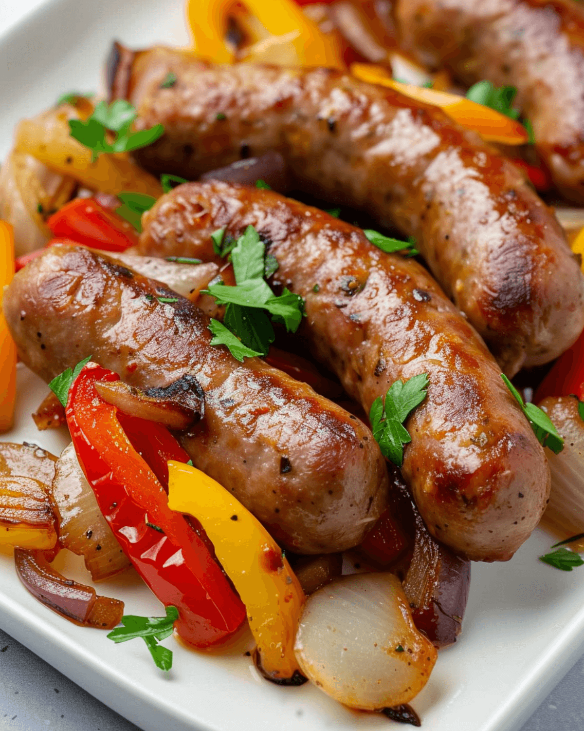Baked sausages with peppers on a white plate.