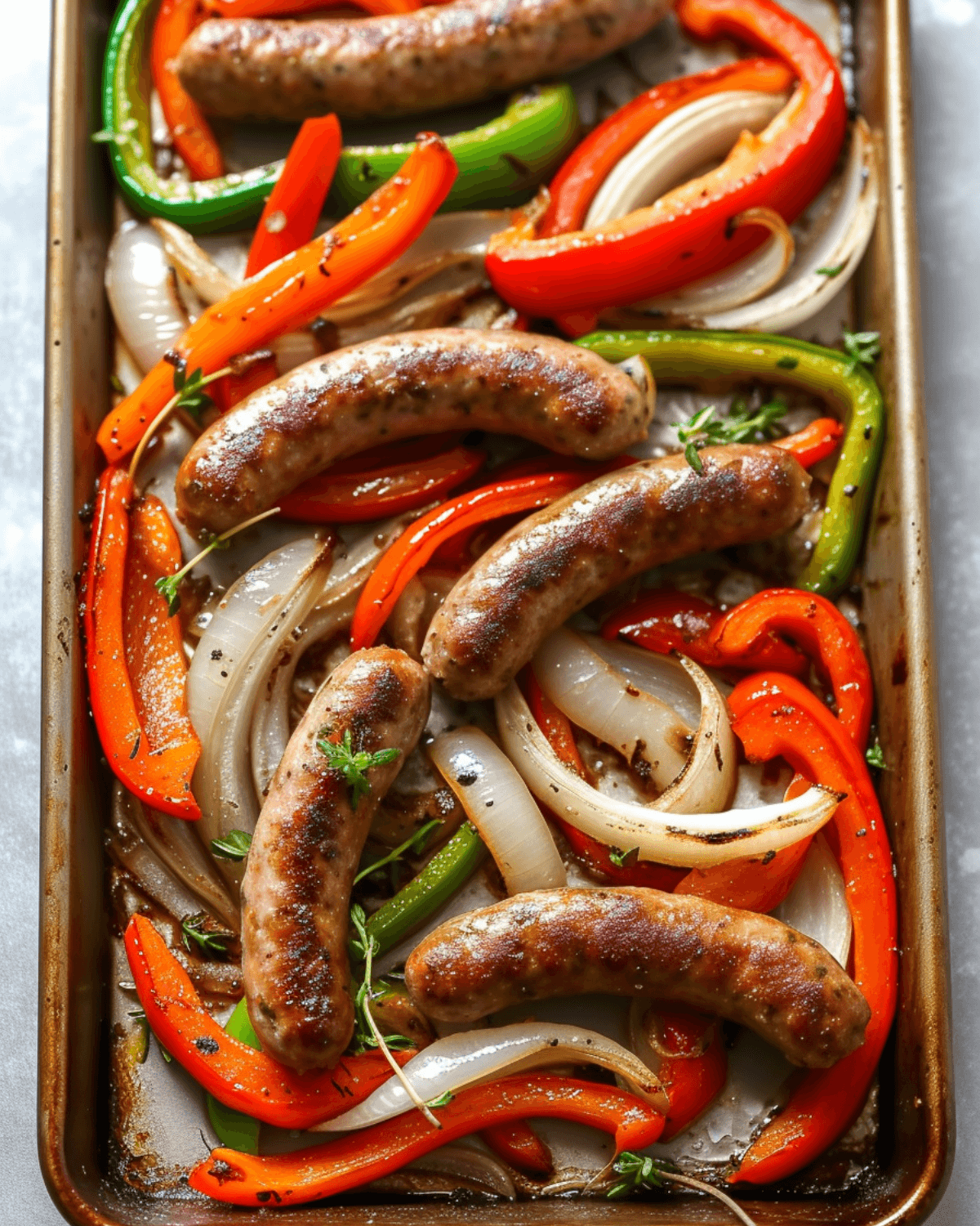 Sausage and peppers baked on a sheet.
