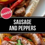 Baked sausage and peppers on a plate.