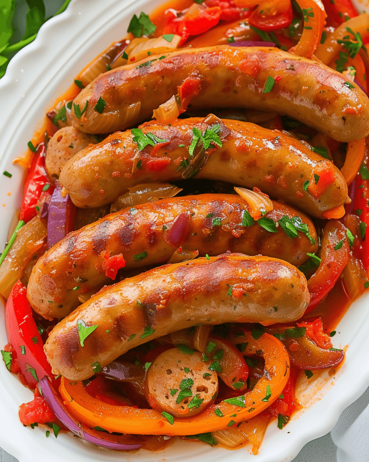 A white plate with sausages, peppers and onions cooked in a crock pot.